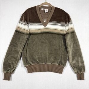 Vintage Kennington Sweater Mens Large Brown Velour Stripe V Neck Pullover 70s
